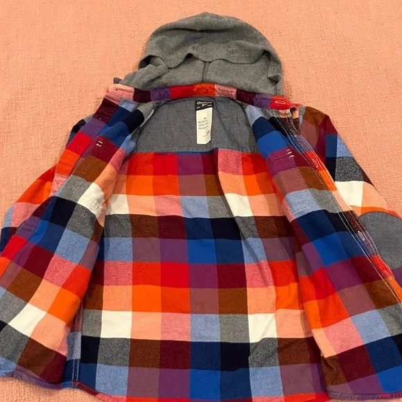 Multicolor Plaid Button Down Shirt with Hood - Picture 5 of 11